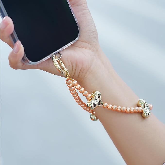 Beaded Phone Wrist Strap for Women Pearl Wristlet Strap Cute Phone Lanyard Golden Heart Shaped Bead Cellphone Chain (Orange)