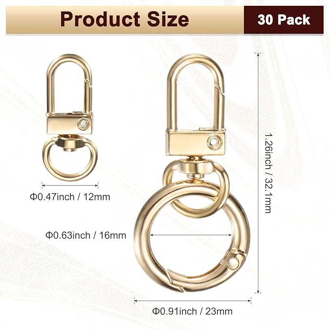 30-Pack Lobster Claw Clasp, Zinc Alloy Swivel Trigger Snaps Spring Clasps Hooks for Keychain Buckle/Lanyard/Straps/Purse, Spring Clasps Clips [Gold Tone]