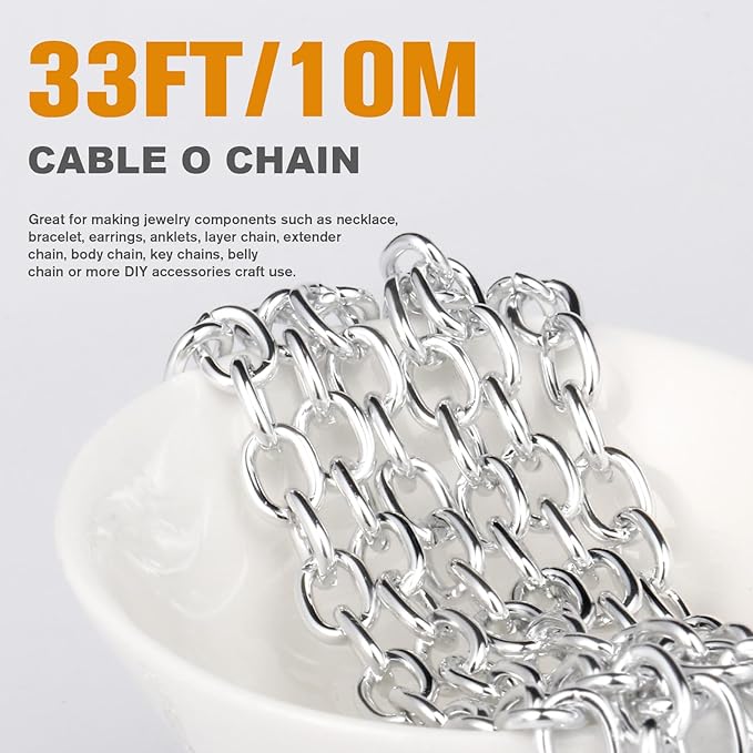 33 Feet Silver Rolo Cable Chains Roll, 9 MM Silver Plated Aluminium Oval Cable O Links Chain Bulk Spool for Jewelry Making DIY Craft