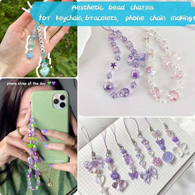 JoyJellies Bracelet Making Kit Assorted Acrylic Beads, 4 Colors Charms Keychain Making Kit with String Key Ring Clips Bow Heart Cute Beads for Bracelets DIY Arts and Crafts Jewelry Making Kits
