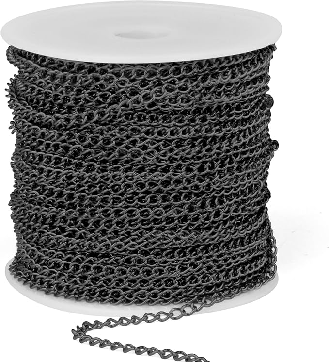 66FT Gunmetal Stainless Steel Curb Chains Roll, 2.5mm 304 Stainless Steel Black Flat Twisted Links Curb Chains Bulk Spool for Jewelry Making DIY Craft