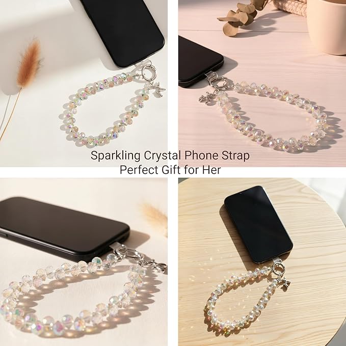 Crystal Phone Wrist Strap Phone Charm Chain Keychain Beaded Cellphone Lanyard with Tether Tab Hands-Free Wristlet Bracelet Wrist Grip Strap for Women, D-Crystal AB