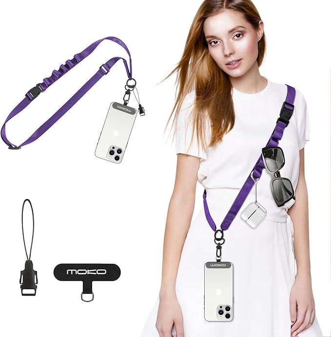 MoKo Universal Phone Lanyard, Nylon Adjustable Cell Phone Crossbody Strap Detachable Women & Men Cellphone Lanyards Around the Neck with Patches for iPhone, Most Smartphones, Dark Purple
