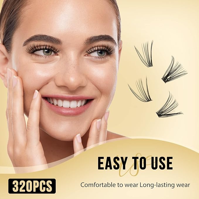 QUEWEL Lash Clusters 320Pcs Cluster Lashes 20D+30D C Curl Lash Cluster Eyelash Extensions Mix9-16mm Individual Eyelashes Clusters Wispy Lash Clusters Thin Band Soft to Use at Home(20D+30D C Mix9-16)