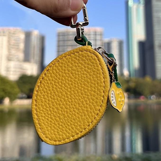Cute Lemon Fruit Coin Purse Keychain – Mini PU Leather Zipper Pouch Bag Charm with Leaf Accent & Pendant, Kawaii Y2K Purse Charm for Backpack, Handbag & AirTag Holder for Women & Girls
