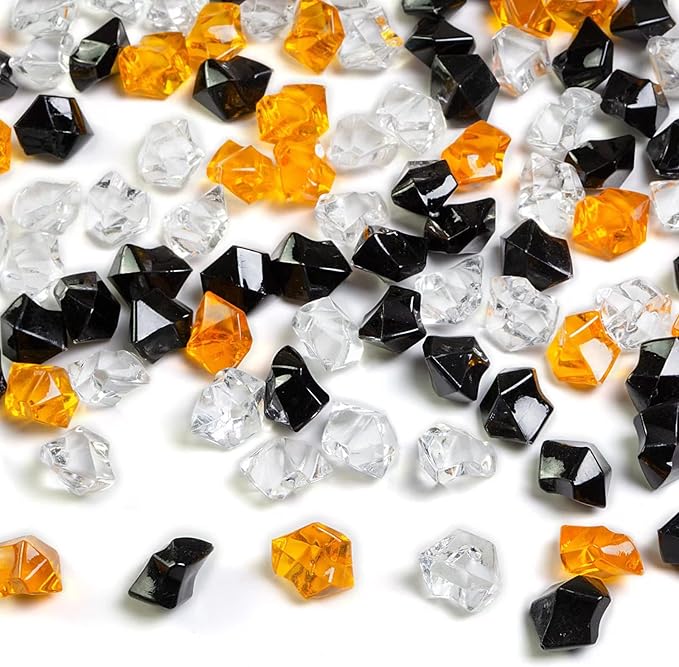 HappyFiller Home Decoration Acrylic Gems Fake Crystal Cubes Jewels Rocks for Vase Fillers, Centerpieces,Party Decor Ice Stones Table Scatter,Orange,Black and White,14 OZ