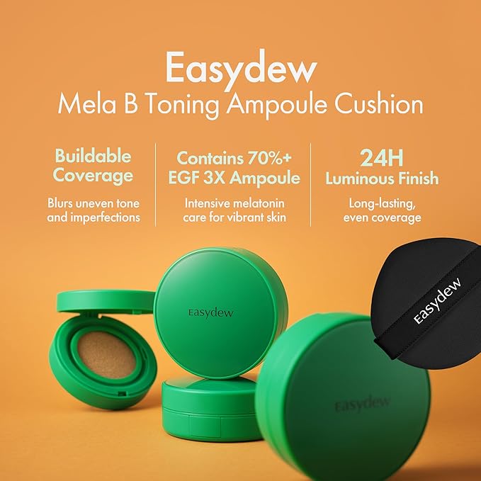 Easydew Mela B Toning Ampoule Cushion Refill - 2-in-1 Korean Skin Care & Face Beauty Makeup - Age-Defying Full Coverage Cushion Foundation with Niacinamide & Hyaluron-Vital C 0.45 oz (#21 Beige)