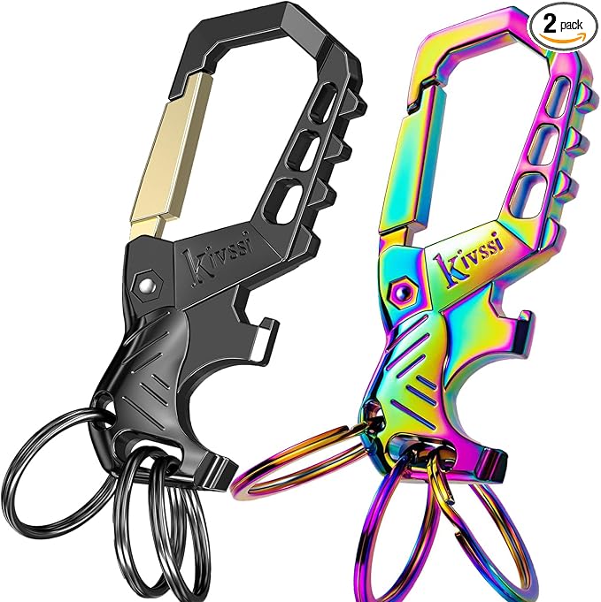 Heavy duty metal keychains, Carabiner clip Car key chains,Fashion family keychain bottle opener and 3 Key Rings suitable for men and women.(Gold+Multicolor)
