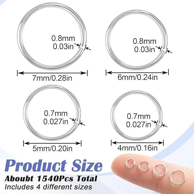 1540pcs Jump Rings for Jewelry Making, Silver Plated 4/5/6/7 mm Open Jump Rings, 20 Gauge Thickness Split Connector Ring for Earrings, Bracelets, Necklaces, DIY Crafts