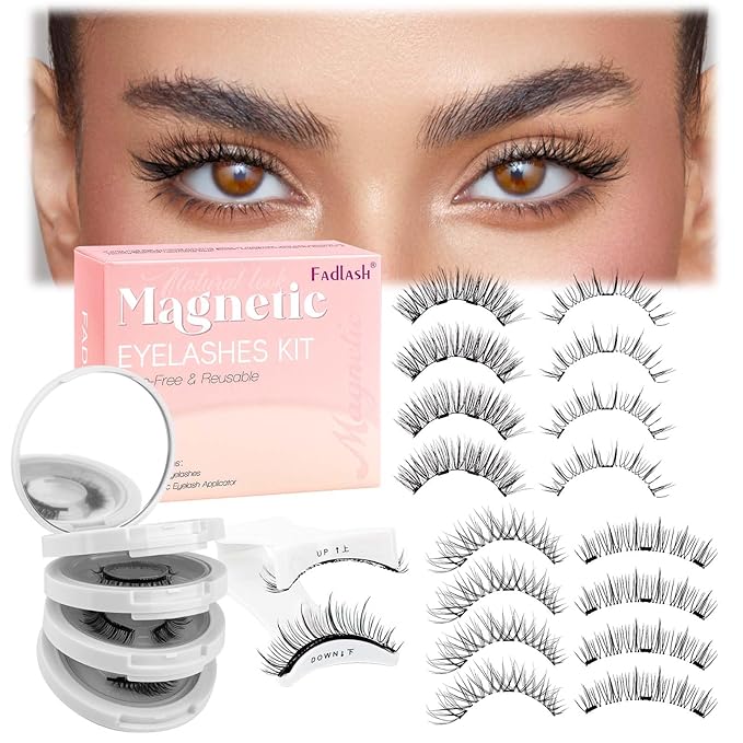 FADLASH Magnetic Eyelashes with Applicator Reusable Magnetic Lashes Natural Look 4 Pairs with Clamp No Glue Needed False Eyelashes Kit Easy to Wear (KS01+B1+MC+K8)