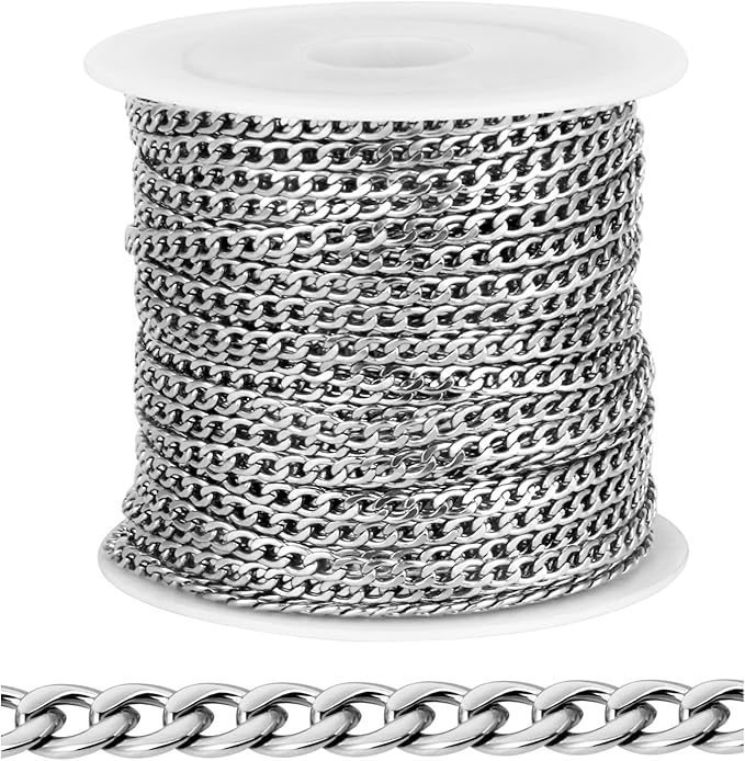 [33FT] Stainless Steel Curb Chains for Jewelry Making, 2mm Wide 304 Stainless Steel Cuban Link Chain Roll Bulk for DIY Jewelry Making Craft