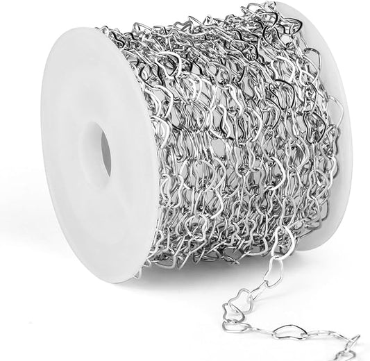 16.5FT Stainless Steel Heart Chain Roll, 3.5mm Width 304 Stainless Steel Heart Link Chain Spool Bulk for Jewelry Making Necklace Bracelet