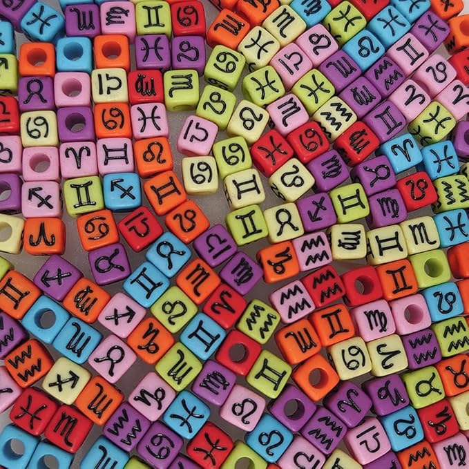200+ Pieces 7x7mm Colorful Black Cube Acrylic Alphabet Zodiac Charms Constellation Beads Mixed Plastic Shape Loose Beads for Jewelry Making Bracelets Necklaces Key Chains (Black on Colorful Beads)