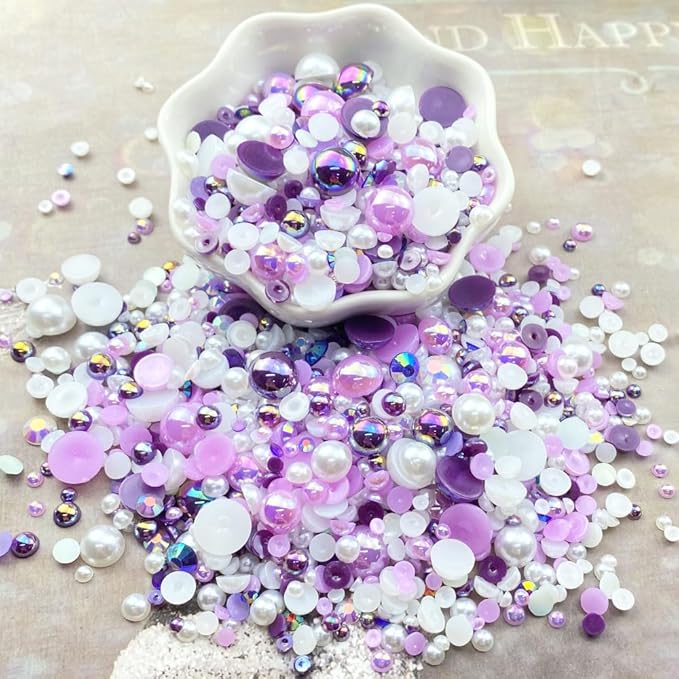 100g Mix Resin Rhinestones Flatback Half Round Pearls Mixed Size 3mm-10mm AB Color Half Pearls Resin Rhinestones for DIY Craft Nail Art Shoes Clothes Phone Case (Purple/White Series)