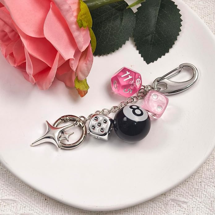 Y2K Keychain for Women, 8 Ball Dice Charm with Carabiner Clip - Cute Goth Core Keychain Bag Charm for Keys Bags Jeans