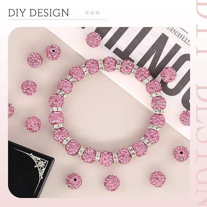200 Pcs Dark Pink Rhinestone Beads for Jewelry Making, Sparkle Crystal Clay Christmas for Bracelet Baseball Necklace Earring Crafting and DIY, Shiny Round Shamballa Disco Ball Beads Bulk