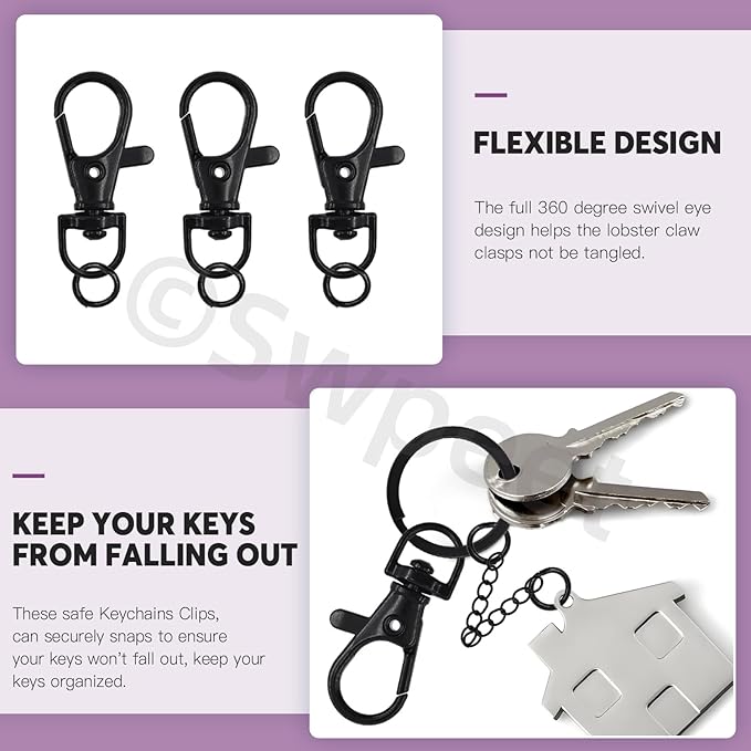 Swpeet 125Pcs Black Keychain Making Set, 25Pcs Swivel Lanyard Snap Hook, 25P Keychain Ring, 25P Extender Chains, 50P Open Jump Rings, Swivel Lobster Clasps, Keychains Clips