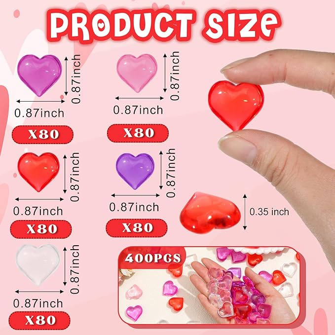 Menkxi 400 Pcs Valentines Day Vase Fillers Acrylic Heart Decoration Heart Vase Fillers Hearts Shaped Crystals Gems for Table Scatter Wedding, Artwork 0.87 Inch, 5 Color