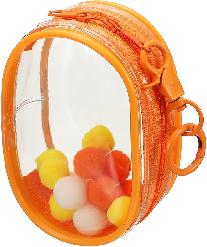 uxcell 4 Inch Clear Figure Display Bag, Mini Clear Pouch Waterproof Coin Pouch with Keychain and Pom Poms for Blind Box Doll Display (Round, Orange)