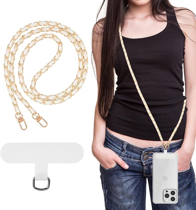 MoKo Universal Phone Lanyard, Metal Cell Phone Chain Crossbody Strap Anti-Theft Detachable Women Cellphone Lanyards Around The Neck with Patches for iPhone, Most Smartphones, White