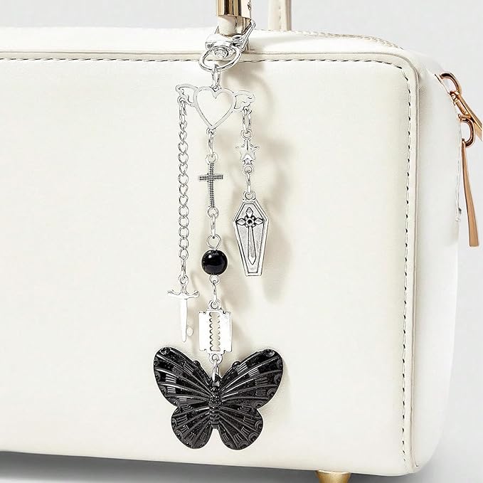 Y2K Keychain Goth Butterfly Keychain Bag Charms for Handbags Aesthetic Purse Charms Cross Accessories Gifts for Women
