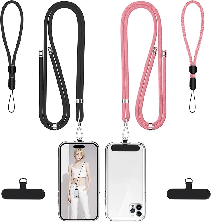takyu 2 Pack Adjustable Cell Phone Lanyard & 2 Pack Phone Wrist Strap with Tether Tabs Compatible for iPhone Android Smartphones - Black Pink