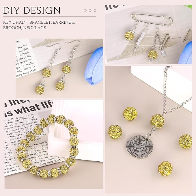 200 Pcs Light Yellow Rhinestone Beads for Jewelry Making, Sparkle Crystal Clay Christmas for Bracelet Baseball Necklace Earring Crafting and DIY, Shiny Round Shamballa Disco Ball Beads Bulk