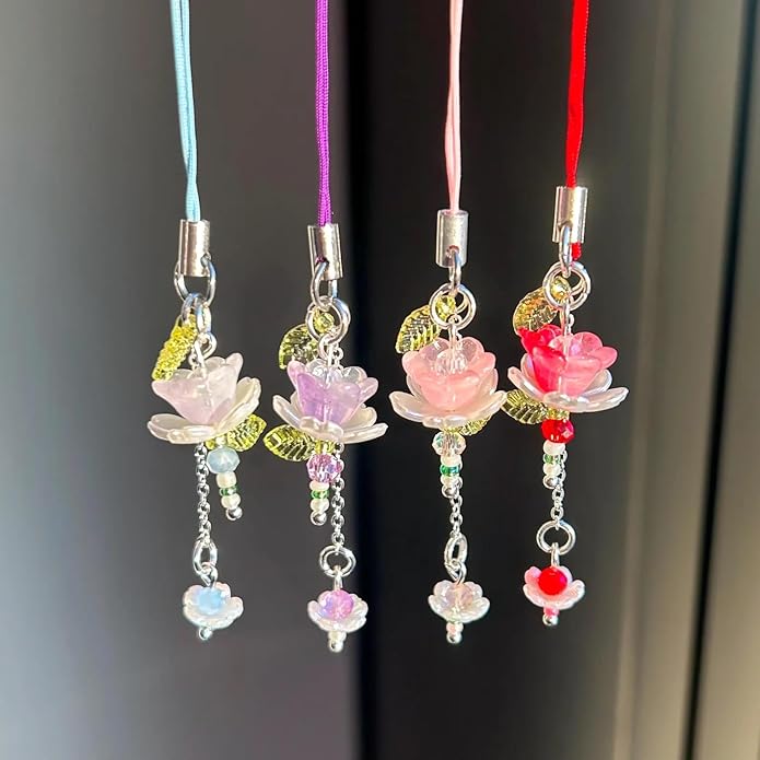 Agromusk Pink Flower Phone Charms,Cute Beaded Lotus Flower Phone Strap Handmade Decor for Women Y2K Accessories Keychain Bag Pendant Gift