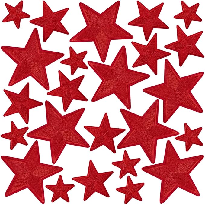 WILDREEDS 24 Pieces Star Iron on Patches, Star Embroidered Patch for Clothing, T-Shirt, Backpacks, Hats, Jeans, Jackets (Red)