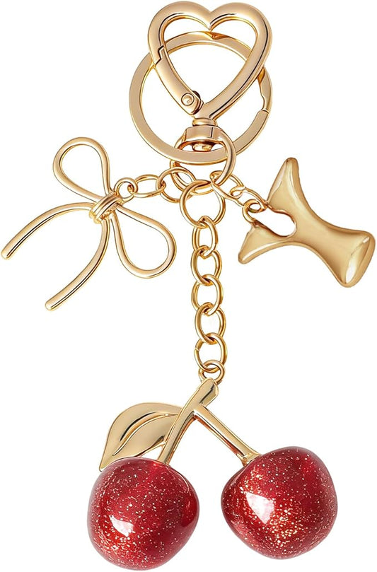 Snycler Bubble Initial Keychain with Cherry & Bow - Gold Letter Bag Charms for Women, Cute Purse Handbag Accessories
