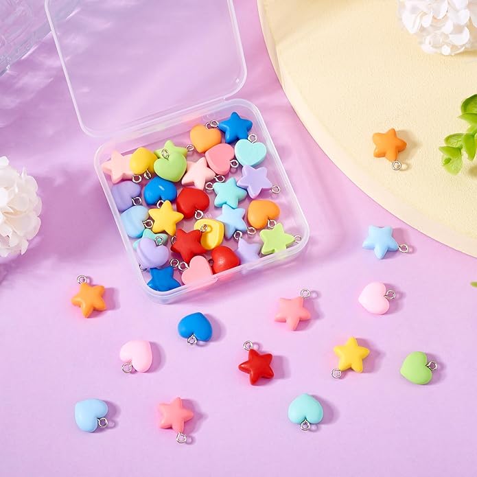 Resin Love Heart Star Flower Charms Colorful Heart Floral Pentagram Pendants Cute Hang Ornament for DIY Crafts Necklace Bracelet Keychain Jewelry Making