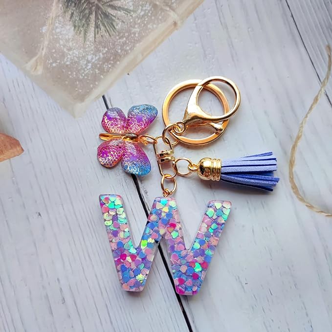 Cute Initial Letter Keychains for Women Girls Tassel Butterfly Pink Purple Green Keychain for Backpack School Bag