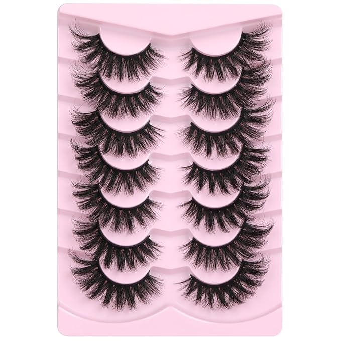 Kiromiro Mink Lashes Fluffy False Eyelashes 18mm Long Fake Lashes Thick Cat Eye Eyelashes 3D Volume Lash Strips Faux Mink Eyelashes Pack, 7 Pairs