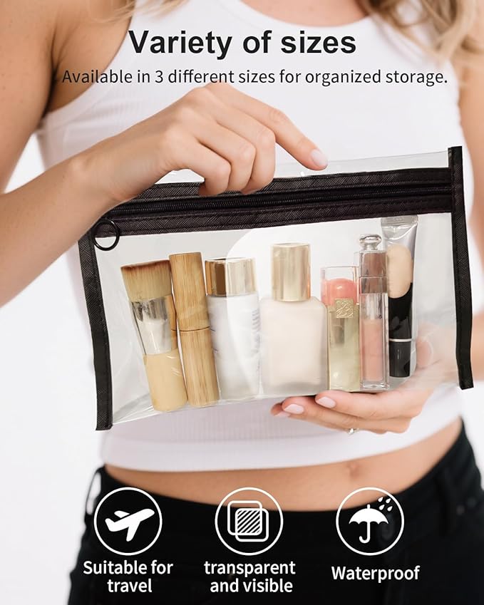 Clear Makeup Bags, 3 Pack Small Waterproof Cosmetic Toiletry Bags with Zipper, PVC Clear Travel Bags for Women and Men Travel Airport Organizing, Black