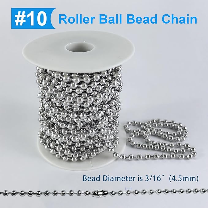32ft 304 Stainless Steel #10 Beaded Ball Chain with 10pcs Connectors, 4.5mm Replacement Bead Chain Cord for Dog Tag, Necklace Chain, Plumbing Applications