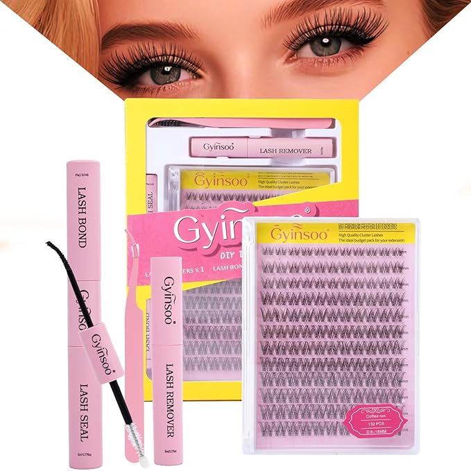 Gyinsoo DIY Lash Extension Kit "Coffee Run" - 132Pcs Natural Wispy Cluster Lashes (8-18mm Mix) with Bond and Seal - D Curl Airy Individual Lashes for Effortless Daily & Office Look