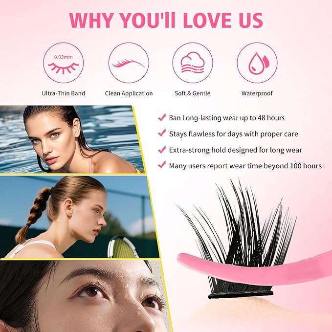 Gyinsoo 160Pcs DIY Lash Extension Kit D Curl 5-18mm Mix "Little Rebel" Style with Pink Bond and Seal, Remover & Tweezers - Short to Long Clusters for Inner Corner & Bottom Lashes