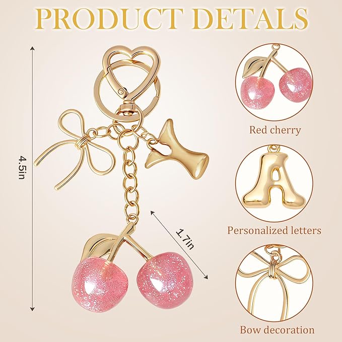 Snycler Bubble Initial Keychain with Cherry & Bow - Gold Letter Bag Charms for Women, Cute Purse Handbag Accessories