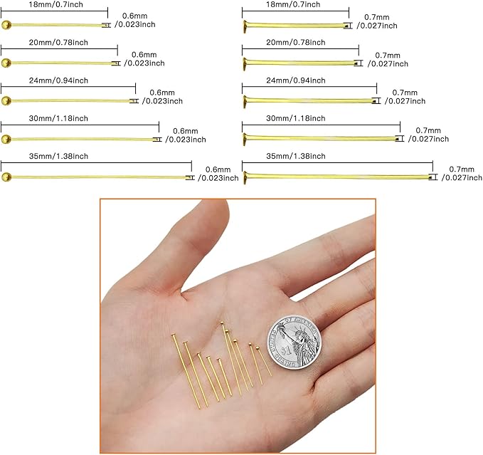 1000pcs Head Pins for Jewelry Making,Ball Head Pins Flat Heads Pin Beading Pins for Beading Jewelry Making(Gold,18mm,20mm,24mm,30mm,35mm)
