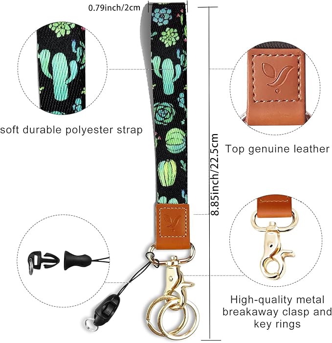 Yiflin Cute Wrist Lanyard for Keys, Keychain, Wallet, Id Holder, Cell Phone, Wristlet Lanyard Key Chain Holder（Black&Cactus）