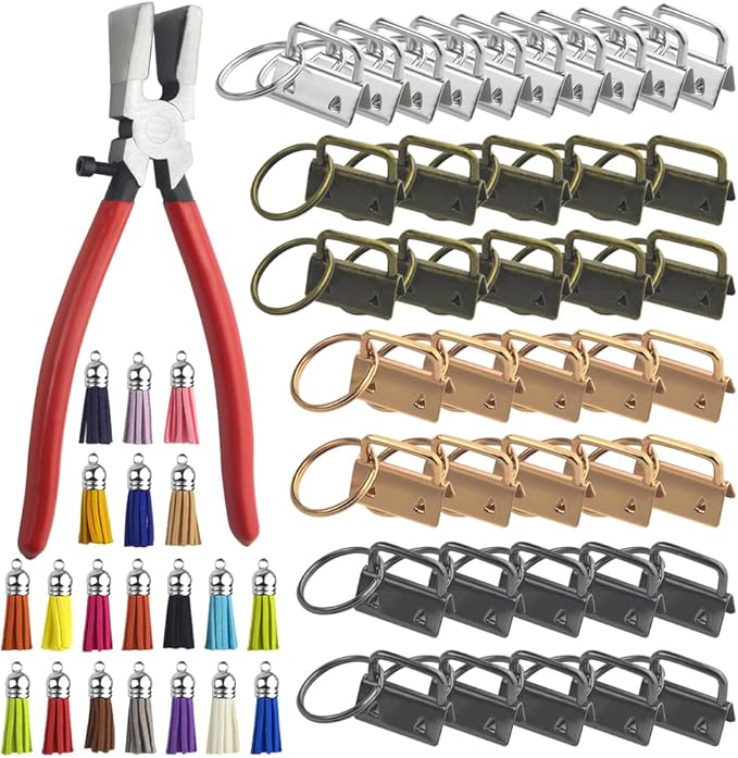 61PCS Key Fob Hardware Set Including 1 Inch 40Pcs Key Fob Hardware 20Pcs Leather Keychain Tassel and 1Pcs Key Fob Pliers for Key Fob Hardware Install