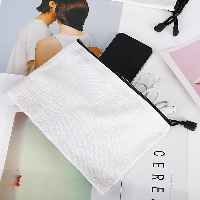 12 Pack DIY Craft Cotton Canvas Bag, Multi-Purpose Cosmetic Bag Makeup Pouches with Zipper Travel Toiletry Bag (XS, white)
