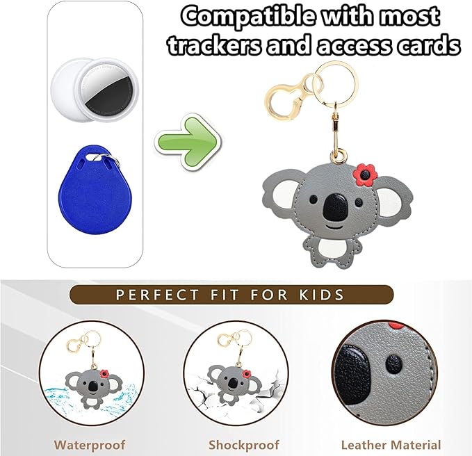Leather Keychain Holder Case Compatible with AirTag,Cute Protective Cover with Keyring,Anti-Scratch Finder GPS Tracker Case for Wallet Keys,Bag,Pets(Koala Grey)