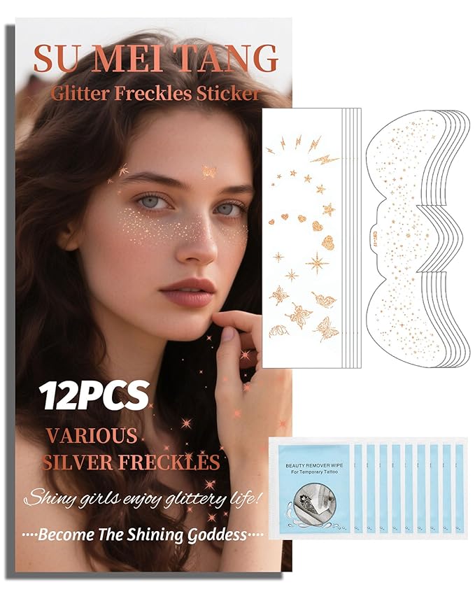 SUMEITANG Glitter Freckles Face Tattoo Patches - 12PCS Temporary Sparkle Face Stickers with 10 Remover Wipes | Waterproof Festival Rave Party Makeup Accessories for Women Girls (Rose Gold)