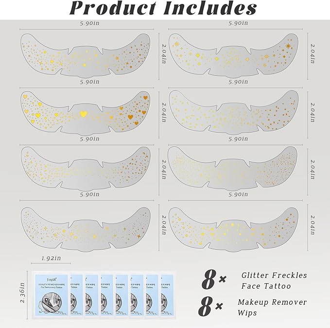 HOSAILY 8 pcs Gold Glitter Freckles Face Tattoo, Waterproof Sparkle Face Glitter Speckles Patches for Women, Cute Star Glow up Glitter Temporary Tattoo Makeup Accessories for Festival Rave