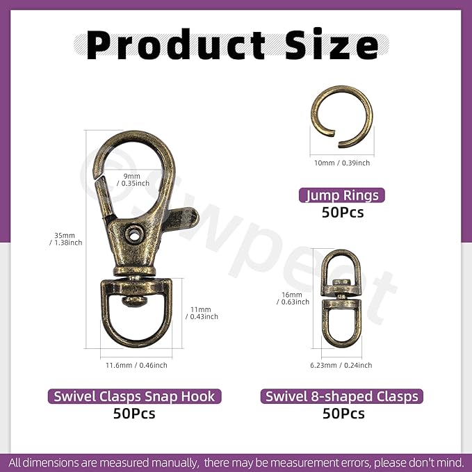 Swpeet Assorted 150Pcs Bronze Keychain Making Kit, 50Pcs Swivel Lobster Claw Clasps, 50Pcs Rotating 8-Shaped Buckle Claw Clasp, 50Pcs Jump Ring, Swivel Trigger Hook, Swivel Clasps Lanyard Snap Hook