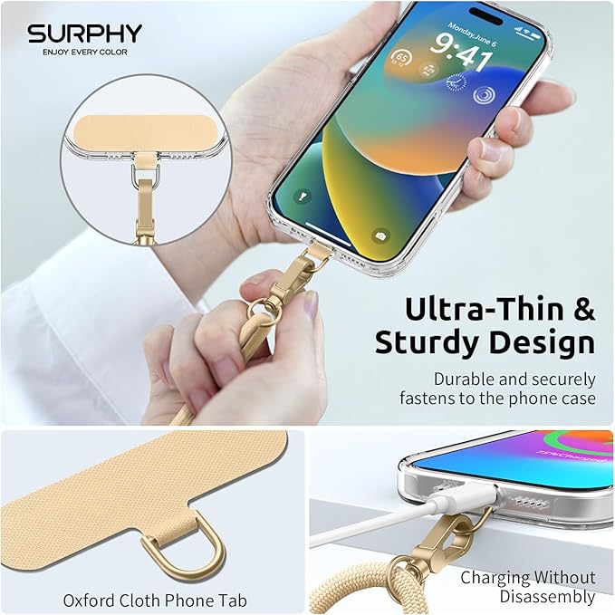 SURPHY Phone Lanyard, Adjustable Phone Strap Crossbody with 2 Pack Cell Phone Tether Tab, Premium Metal Buckles, Skin-Friendly, Universal Cell Phone Lanyard Crossbody for Women and Men, Khaki