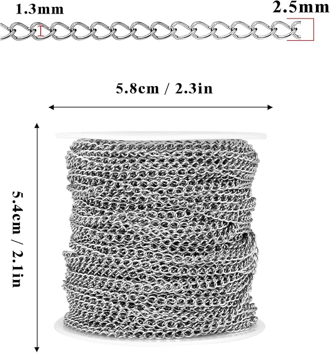 [66 Feet/ 20M] Stainless Steel Curb Chain Roll, 2.5mm 304 Stainless Steel Extension Chain Twisted Link Curb Chains Bulk for Jewelry Making Bracelet Necklace Extender