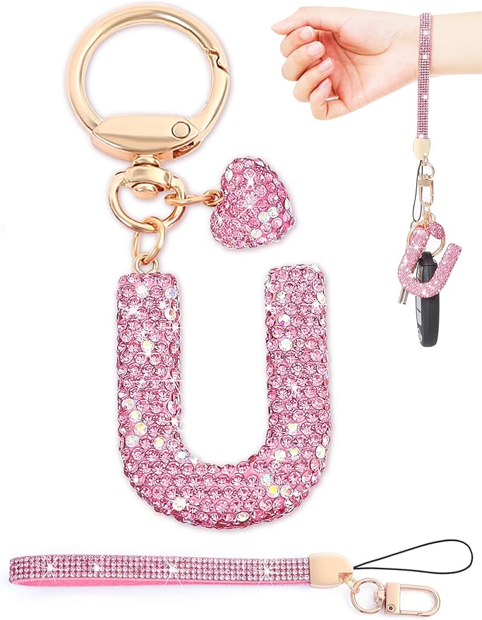 Initial Keychain for Women Girls,Bling Letter Key chain Initial with Heart,Pink Keychain Charms for Backpack Handbag