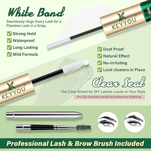 KEYYOU Lash Bond and Seal Cluster Lash Glue For Lash Clusters Strong Gentle Comfortable Bond and Seal WaterProof Mascara Wand Individual Lash Glue 5ml+5ml（CLEAR)
